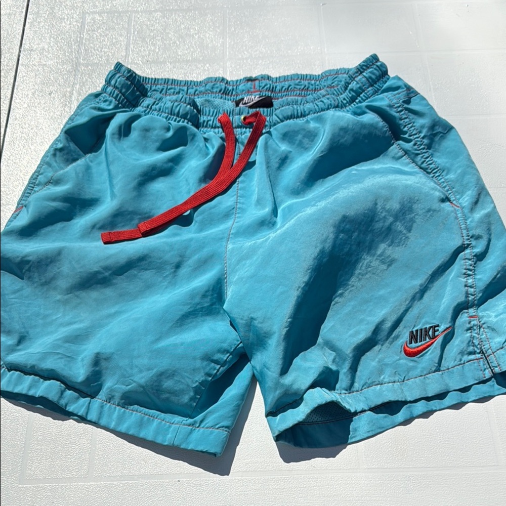 Nike Turquoise Swim Shorts with Red Drawstring